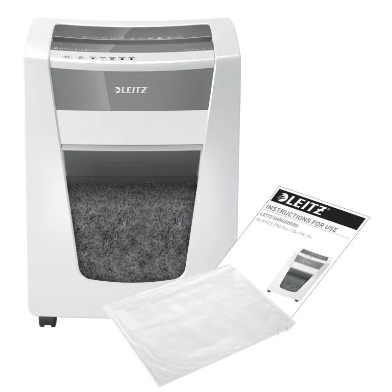 Niszczarka Leitz IQ Office Pro P5, cięcie mikro, 23 cm, 2 x 15 mm, 30 l, 300 arkuszy, 55 dB