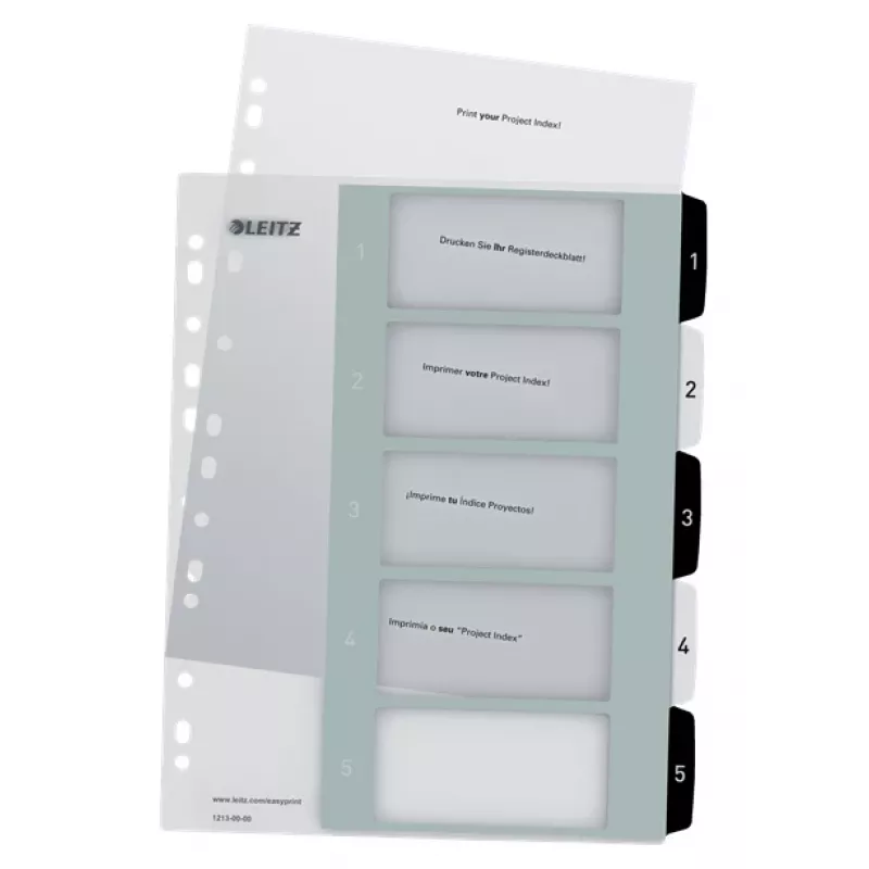 Leitz Indices Printable PP A4+ 1-5 WOW biały/Czarny, numeryczny przekładka indeksowa, polipropylen (PP), czarny, biały, A4 Maxi, 245 mm, 305 mm