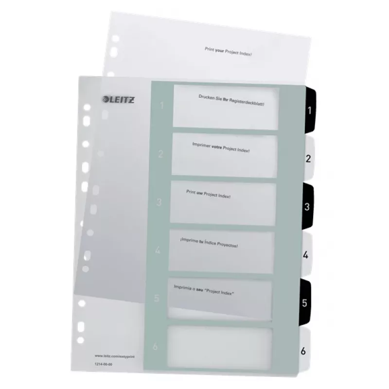 Leitz Indices Printable PP A4+ 1-6 WOW biały/Czarny, Numeryczne przekładki indeksujące, Polipropylen (PP), Czarny, Biały, A4 Maxi, 245 mm, 305 mm