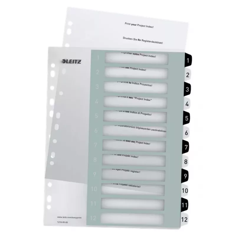 Leitz Indices Printable PP A4+ 1-12 WOW biały/Czarny, Indeks numeryczny, Polipropylen (PP), Czarny, Biały, A4 Maxi, 245 mm, 305 mm