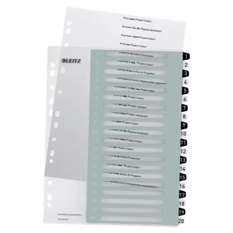 Indeksy Leitz do zadruku PP A4+ 1-20 WOW biało-czarne, indeks numeryczny, Polipropylen (PP), Czarny, Biały, A4 Maxi, 245 mm, 305 mm