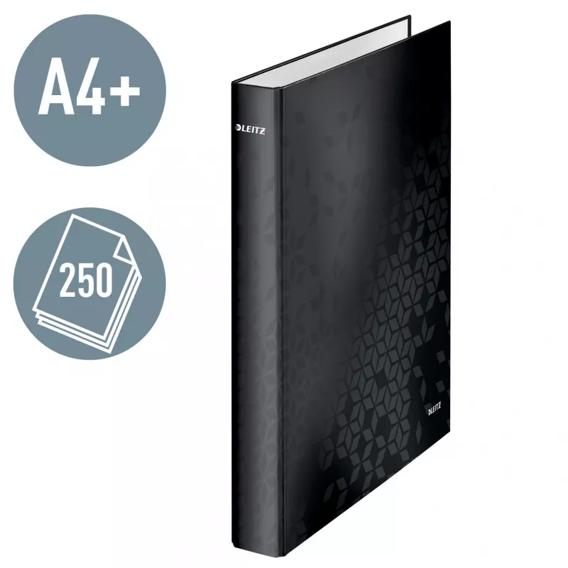 Leitz Ringbinder WOW Laminowany A4+ 2DR/25mm, A4+, Kółka w kształcie D, Karton, Czarny, 250 arkuszy, 80 g/m²