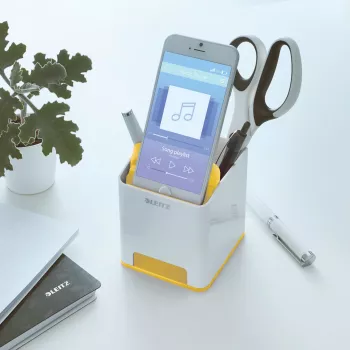 Leitz Sound Pen Holder WOW, biały, żółty, polistyren, 90 mm, 101 mm, 100 mm, 140 g