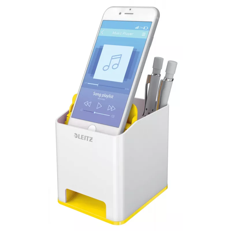 Leitz Sound Pen Holder WOW, biały, żółty, polistyren, 90 mm, 101 mm, 100 mm, 140 g