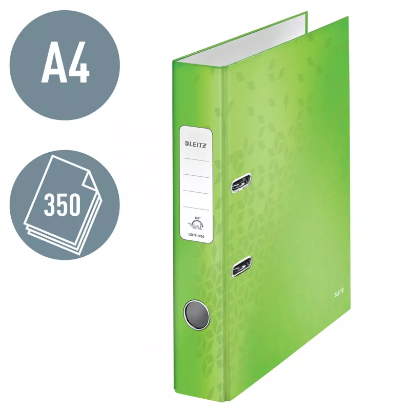 Leitz Segregator dźwigniowy 180° WOW POB/Laminowany A4/50mm, A4, pierścienie w kształcie D, karton, zielony, 350 arkuszy, 285 mm