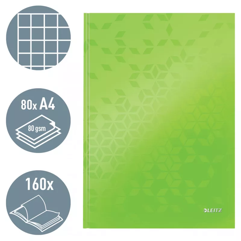 Leitz Notebook WOW A4 Squared with hardcover 90g/80sheets, Wzór, Zielony, A4, 80 arkuszy, 80 g/m², Papier w kratkę