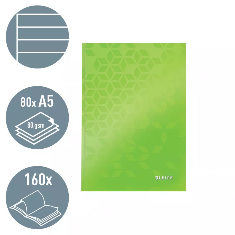 Leitz Notebook WOW A5 w linie, twarda oprawa, 90g/80 arkuszy, Wzór, Zielony, A5, 80 arkuszy, 80 g/m², Papier w linie