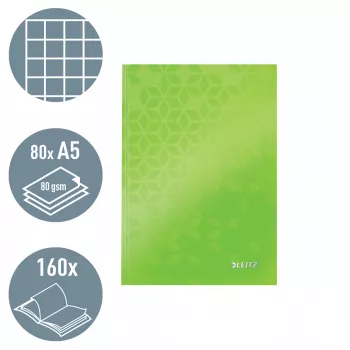 Notatnik Leitz WOW A5 w kratkę z twardą oprawą, Wzór, Zielony, A5, 80 kartek, 80 g/m², w kratkę