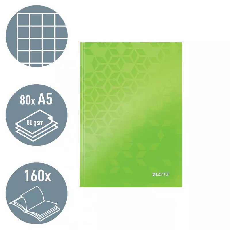 Notatnik Leitz WOW A5 w kratkę z twardą oprawą, Wzór, Zielony, A5, 80 kartek, 80 g/m², w kratkę