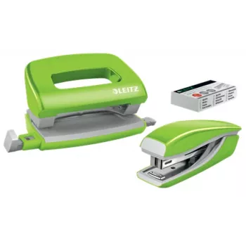 Zestaw zszywacza i dziurkacza Leitz Mini WOW, 10 arkuszy, zielony, P2, metal, plastik, 3,5 cm, 100 zszywek