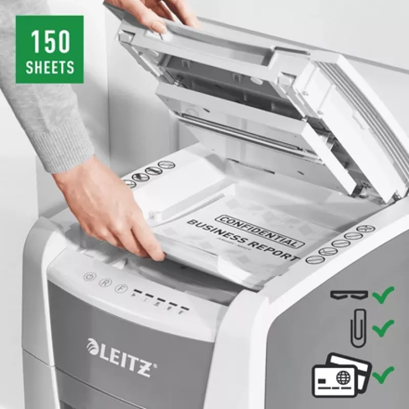Leitz IQ Autofeed Office 150 Automatyczna niszczarka do papieru P5, cięcie mikro, 22 cm, 2 x 15 mm, 44 L, 500 arkuszy, 55 dB