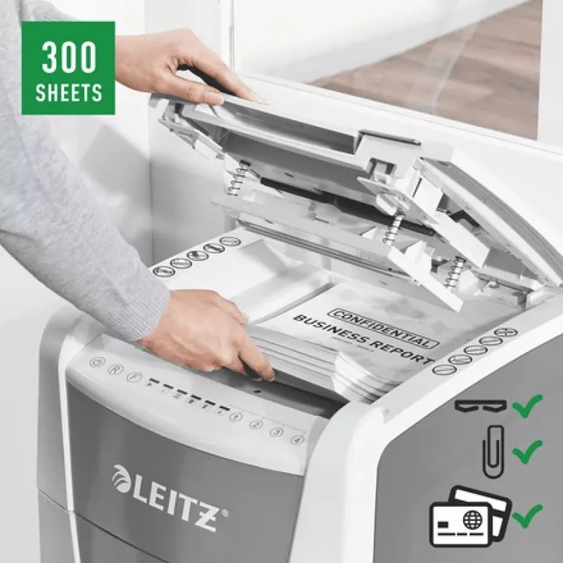 Leitz IQ Autofeed Office 300 Automatyczna niszczarka do papieru P5, cięcie na mikrokawałki, 22 cm, 2 x 15 mm, 60 l, 700 arkuszy, 55 dB