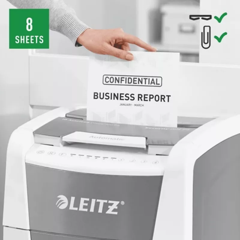 Leitz IQ Autofeed Office 300 Automatyczna niszczarka do papieru P5, cięcie na mikrokawałki, 22 cm, 2 x 15 mm, 60 l, 700 arkuszy, 55 dB