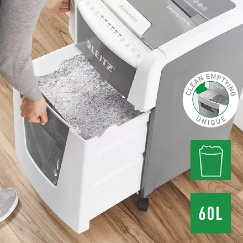 Leitz IQ Autofeed Office 300 Automatyczna niszczarka do papieru P5, cięcie na mikrokawałki, 22 cm, 2 x 15 mm, 60 l, 700 arkuszy, 55 dB