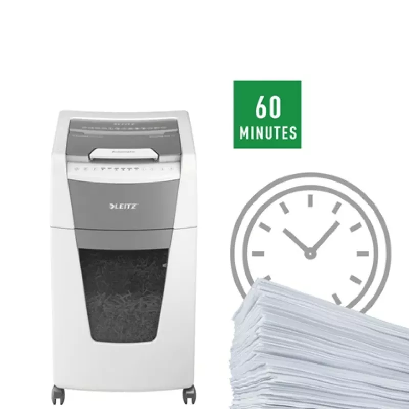 Leitz IQ Autofeed Office 300 Automatyczna niszczarka do papieru P5, cięcie na mikrokawałki, 22 cm, 2 x 15 mm, 60 l, 700 arkuszy, 55 dB