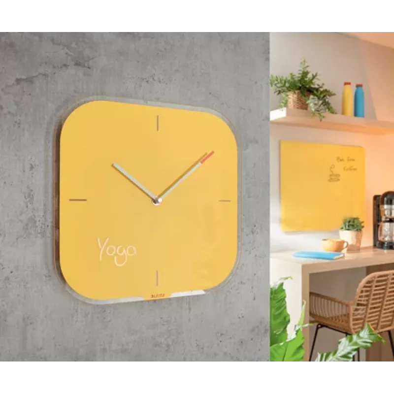 Leitz Cosy Silent Glass Wall Clock, Square, żółty, 300 mm, 300 mm, 40 mm, 1,6 kg