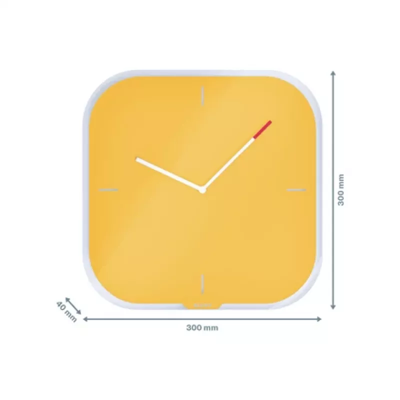 Leitz Cosy Silent Glass Wall Clock, Square, żółty, 300 mm, 300 mm, 40 mm, 1,6 kg
