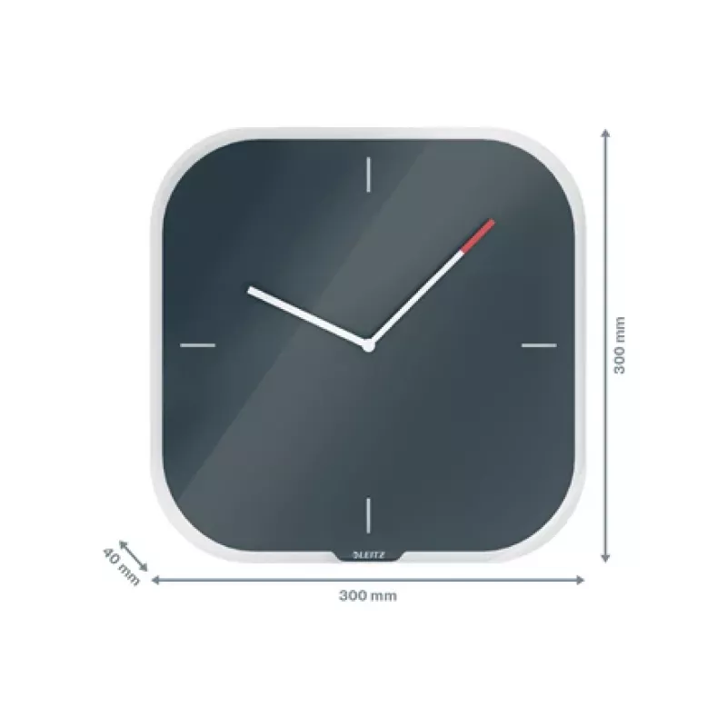 Leitz Cosy Silent Glass Wall Clock, Square, Czarny, 300 mm, 300 mm, 40 mm, 1.6 kg