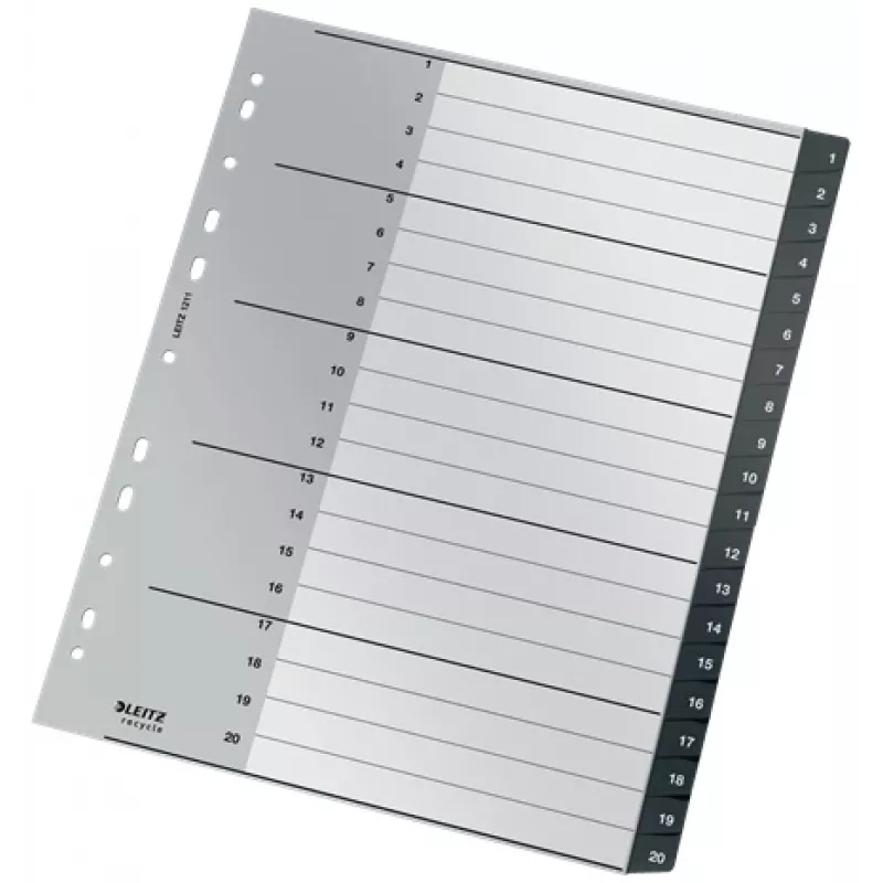 Leitz Indeks Recycle PP, extra szeroki, indeks numeryczny z zakładkami, polipropylen (PP), czarny, biały, A4 Maxi, 160 g/m², 238 mm