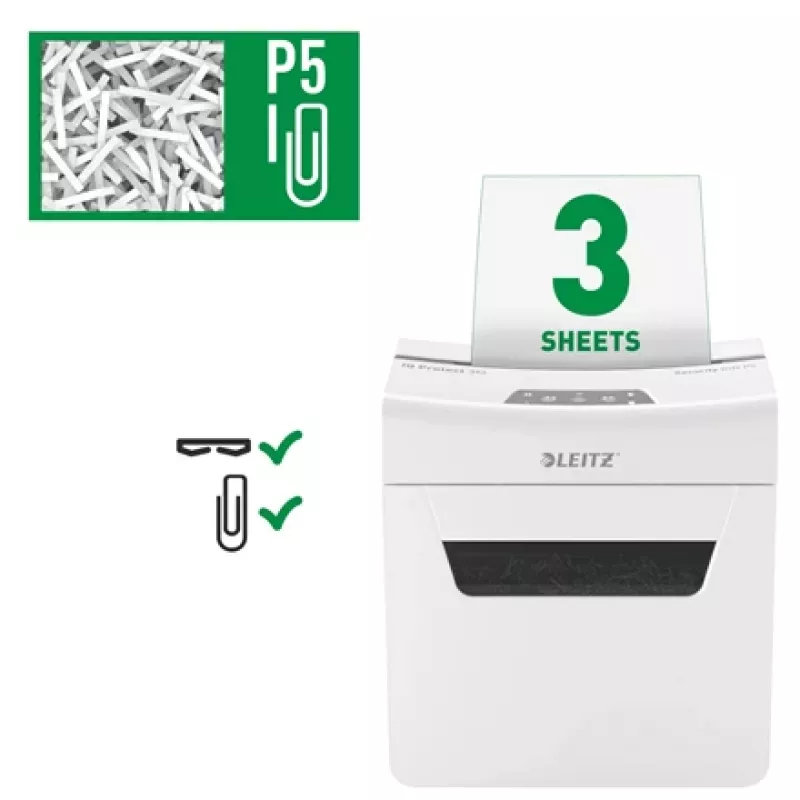 Niszczarka Leitz IQ Protect Premium 3M P5, mikrocięcie, 2 x 15 mm, 10 l, 125 arkuszy, 55 dB, sterowanie dotykowe
