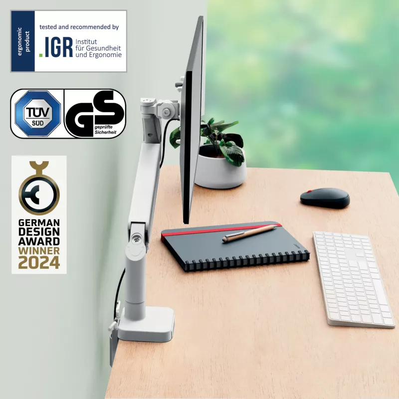 Leitz Ergo Space Saving Single Monitor Arm, Clamp/Grommet, 9 kg, 43.2 cm (17 cali), 81.3 cm (32 cale), 100 x 100 mm, Szary