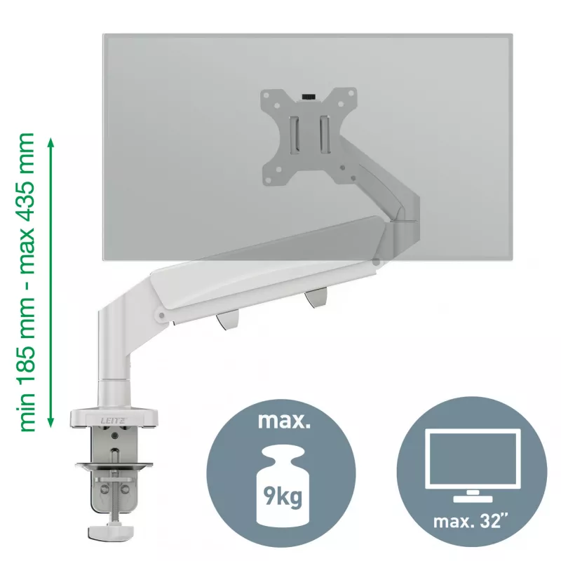 Leitz Ergo Space Saving Single Monitor Arm, Clamp/Grommet, 9 kg, 43.2 cm (17 cali), 81.3 cm (32 cale), 100 x 100 mm, Szary