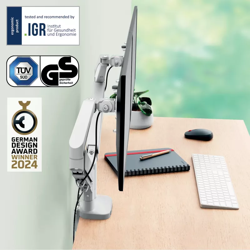 Leitz Ergo Space Saving Dual Monitor Arm, Clamp/Grommet, 18 kg, 43,2 cm (17 cali), 81,3 cm (32 cale), 100 x 100 mm, szary
