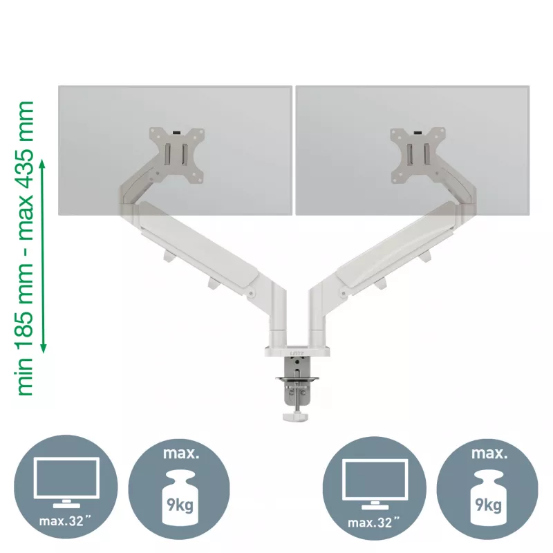 Leitz Ergo Space Saving Dual Monitor Arm, Clamp/Grommet, 18 kg, 43,2 cm (17 cali), 81,3 cm (32 cale), 100 x 100 mm, szary