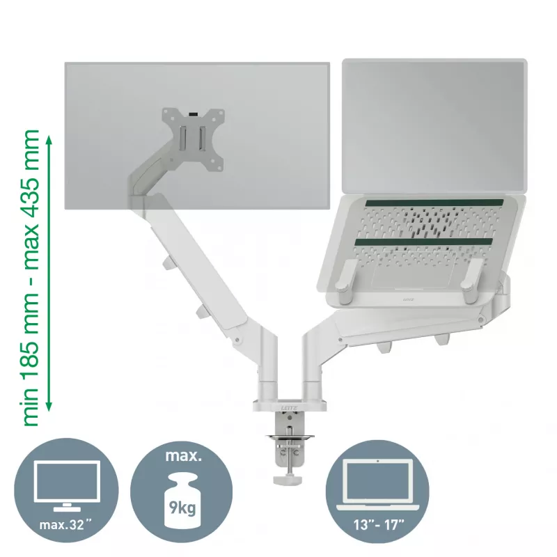 Leitz Ergo Space Saving Dual Monitor & Laptop Arm, Clamp/Grommet, 9 kg, 33 cm (13 inch), 81.3 cm (32 inch), 100 x 100 mm, szary