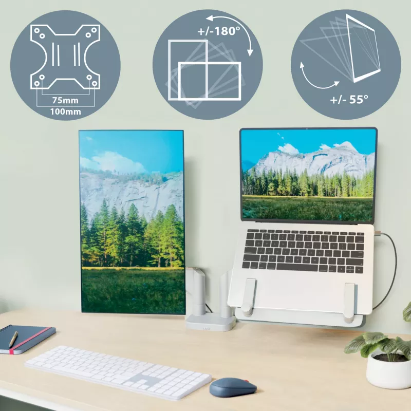 Leitz Ergo Space Saving Dual Monitor & Laptop Arm, Clamp/Grommet, 9 kg, 33 cm (13 inch), 81.3 cm (32 inch), 100 x 100 mm, szary
