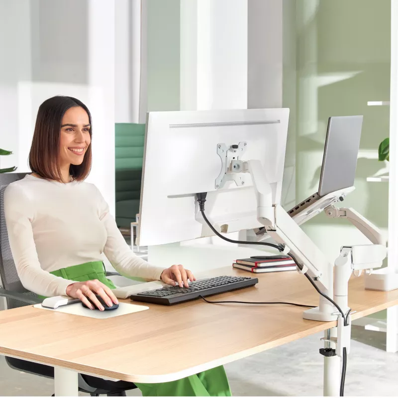Leitz Ergo Space Saving Dual Monitor & Laptop Arm, Clamp/Grommet, 9 kg, 33 cm (13 inch), 81.3 cm (32 inch), 100 x 100 mm, szary