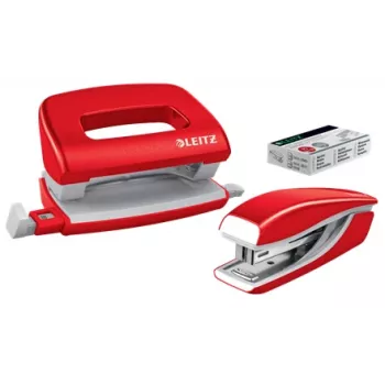Leitz Zszywacz i dziurkacz zestaw Mini WOW, 10 kartek, czerwony, P2, metal, 80 g/m², 3,5 cm