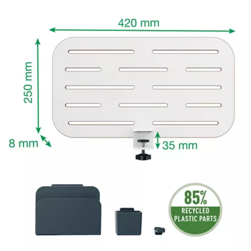 Leitz Ergo Mały Organizer Biurkowy z Tablicą Perforowaną, 42x25 cm, MDF, Tworzywo z recyklingu, Guma, Biały, Mocowanie zaciskowe, Listy, Papier, Zdjęcia, 450 x 61 x 330 mm, 450 mm