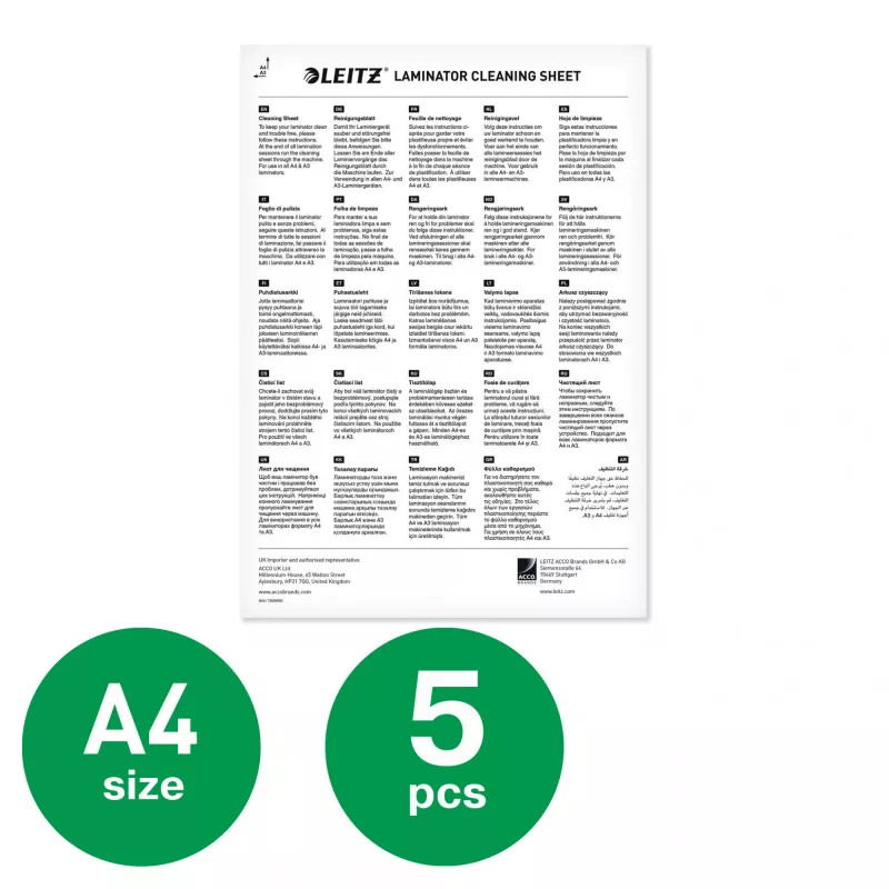 Arkusze czyszczące do laminatora Leitz Premium A3/A4, opakowanie 5 szt., 210 mm, 297 mm, 5 szt.