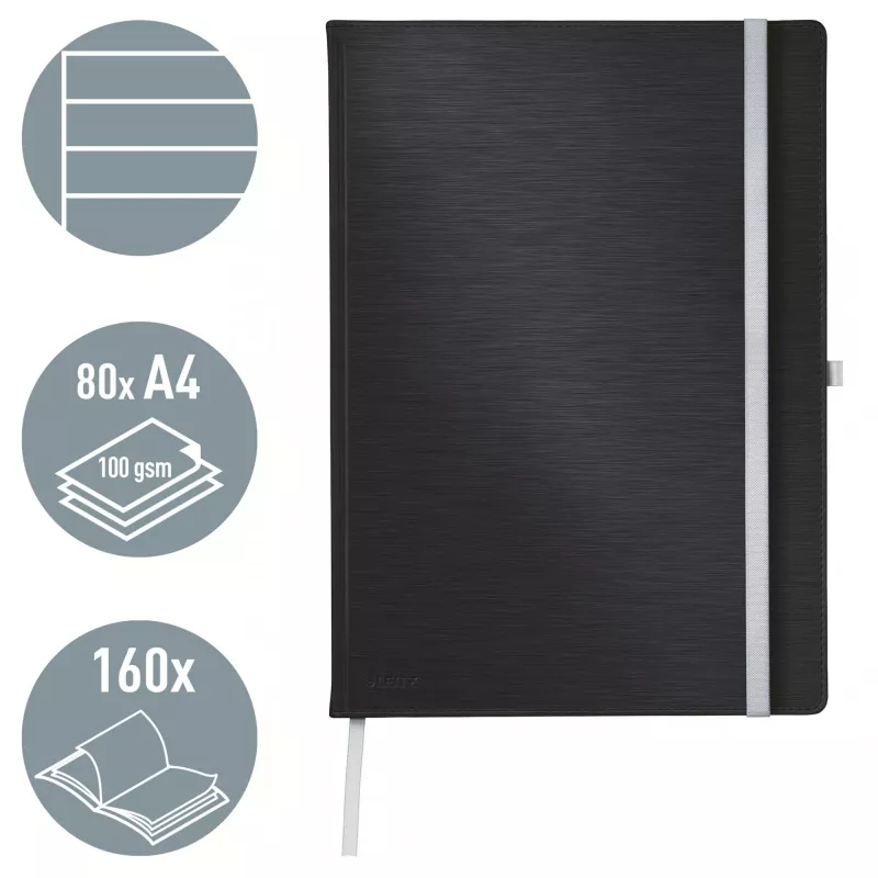 Leitz Style Notebook A4 w linie z twardą okładką, Monochromatic, Czarny, A4, 80 arkuszy, 100 g/m², Liniatura