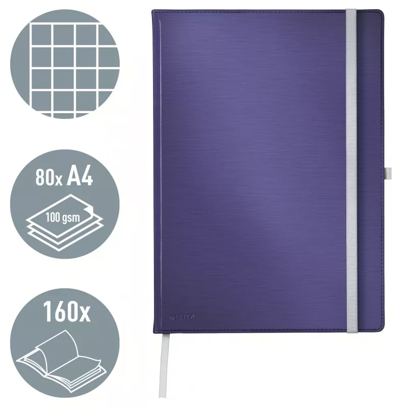 Leitz Style Notatnik A4 w kratkę z twardą okładką, Monochromatyczny, Niebieski, A4, 80 arkuszy, 100 g/m², Papier w kratkę
