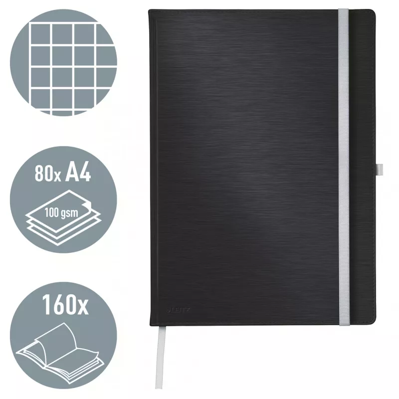 Leitz Style Notatnik A4 w kratkę z twardą okładką, Monochromatyczny, Czarny, A4, 80 arkuszy, 100 g/m², Kratka