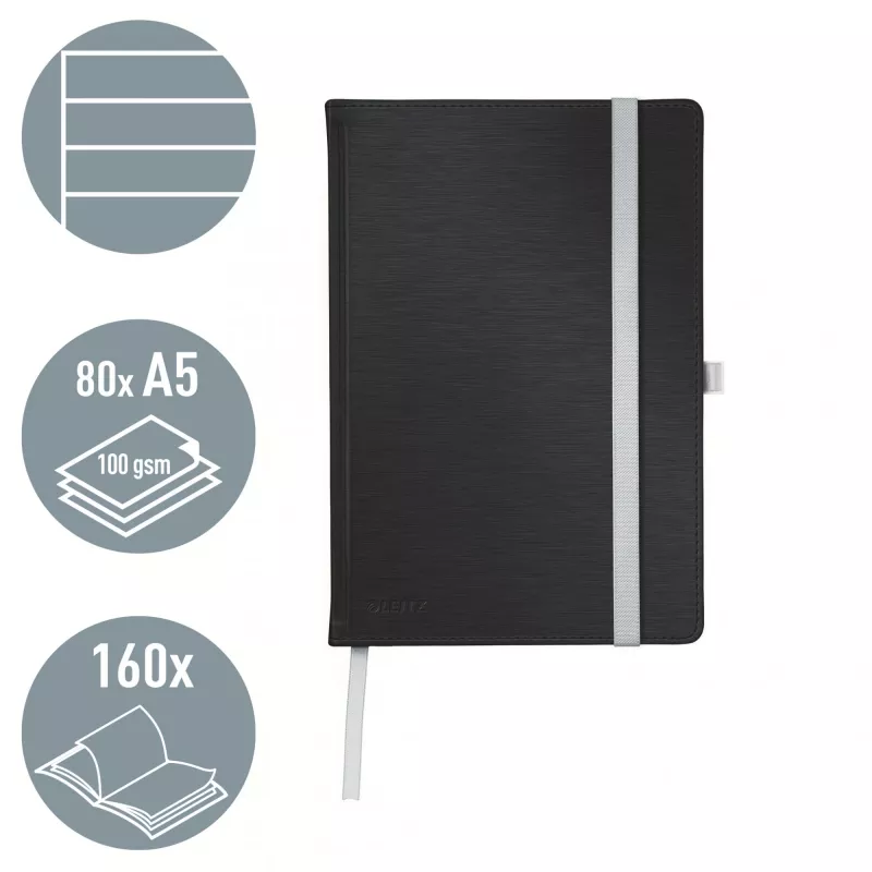 Leitz Style Notatnik A5 w linie z twardą oprawą, Monochromatyczny, Czarny, A5, 80 arkuszy, 100 g/m², Papier w linie