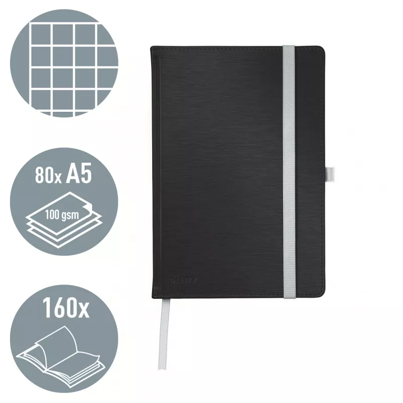 Leitz Style Notebook A5 w kratkę z twardą okładką, Monochromatyczny, Czarny, A5, 80 arkuszy, 100 g/m², Papier w kratkę