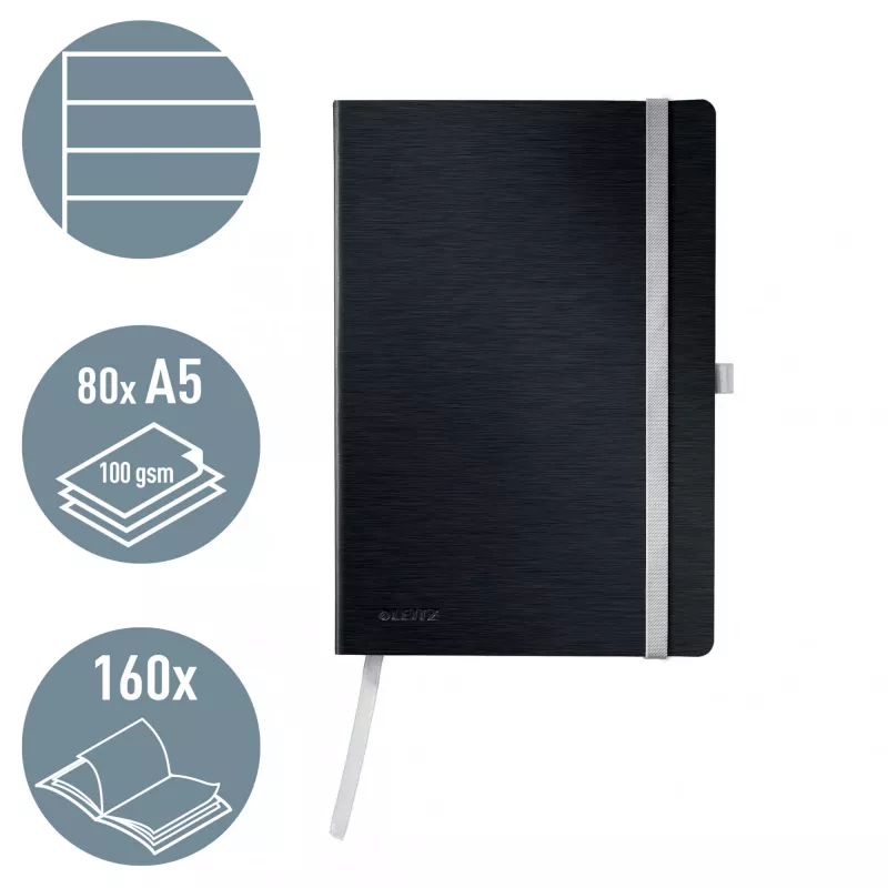 Leitz Style Notebook A5 w linie z miękką okładką, Monochromatyczny, Czarny, A5, 80 kartek, 100 g/m², Papier w linie