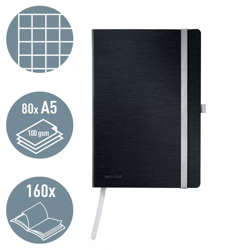 Leitz Style Notebook A5 w kratkę z miękką okładką, monochromatyczny, czarny, A5, 80 arkuszy, 100 g/m², papier w kratkę