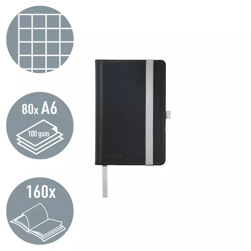 Leitz Style Notes A6 w kratkę z twardą okładką, Monochromatyczna, Czarny, A6, 80 arkuszy, 100 g/m², Papier w kratkę