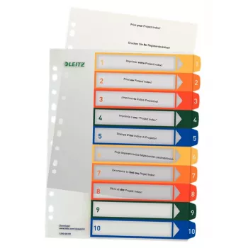 LEITZ Indeks plastikowy, numeryczny, A4 Extra Szeroki, 1-10, do zadruku w drukarce, przezroczysty z kolorowymi zakładkami, PP, 10-częściowy (1293-00-00)