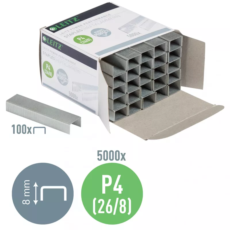 Leitz Zszywki Power Performance P4 26/8 pudełko 5000 szt., opakowanie zszywek, 26/8, 8 mm, 100 zszywek, mocowanie, 26/8