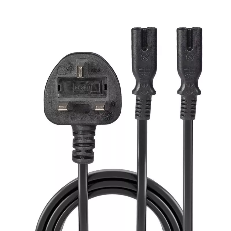 Lindy 2,5 m przedłużacz rozdzielający, wtyczka UK 3-pinowa na 2 x IEC C7, czarny