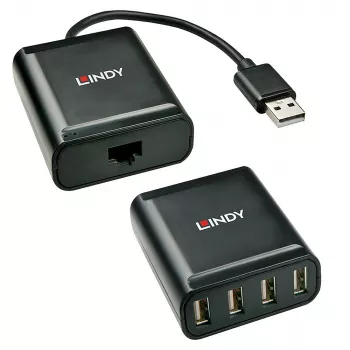 Lindy 60m 4 Port USB 2.0 Cat.6 Extender, USB 2.0, RJ-45, USB 2.0, Czarny, Metal, 52 mm, 60 mm
