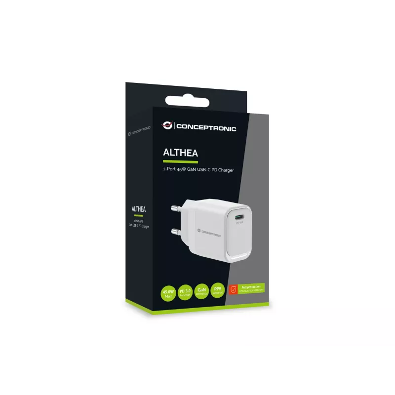 CONCEPTRONIC ALTHEA19W45 1-Portowa ładowarka USB-C 45W GaN z PD, PPS, 100–240V, biała
