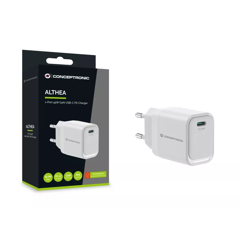 CONCEPTRONIC ALTHEA19W45 1-Portowa ładowarka USB-C 45W GaN z PD, PPS, 100–240V, biała