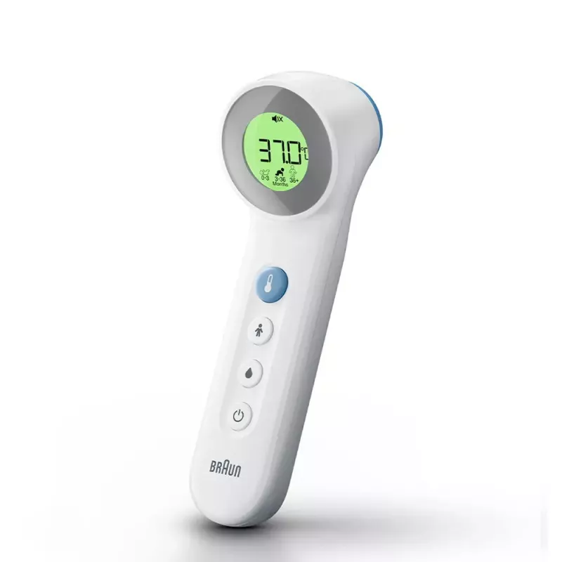 Cyfrowy termometr na czoło BRAUN BNT400 — pomiar bezdotykowy, zakres 34–43°C, dokładność 0,1°C, biały