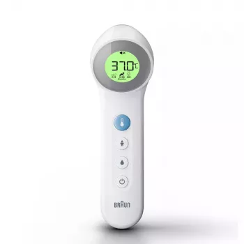 Cyfrowy termometr na czoło BRAUN BNT400 — pomiar bezdotykowy, zakres 34–43°C, dokładność 0,1°C, biały